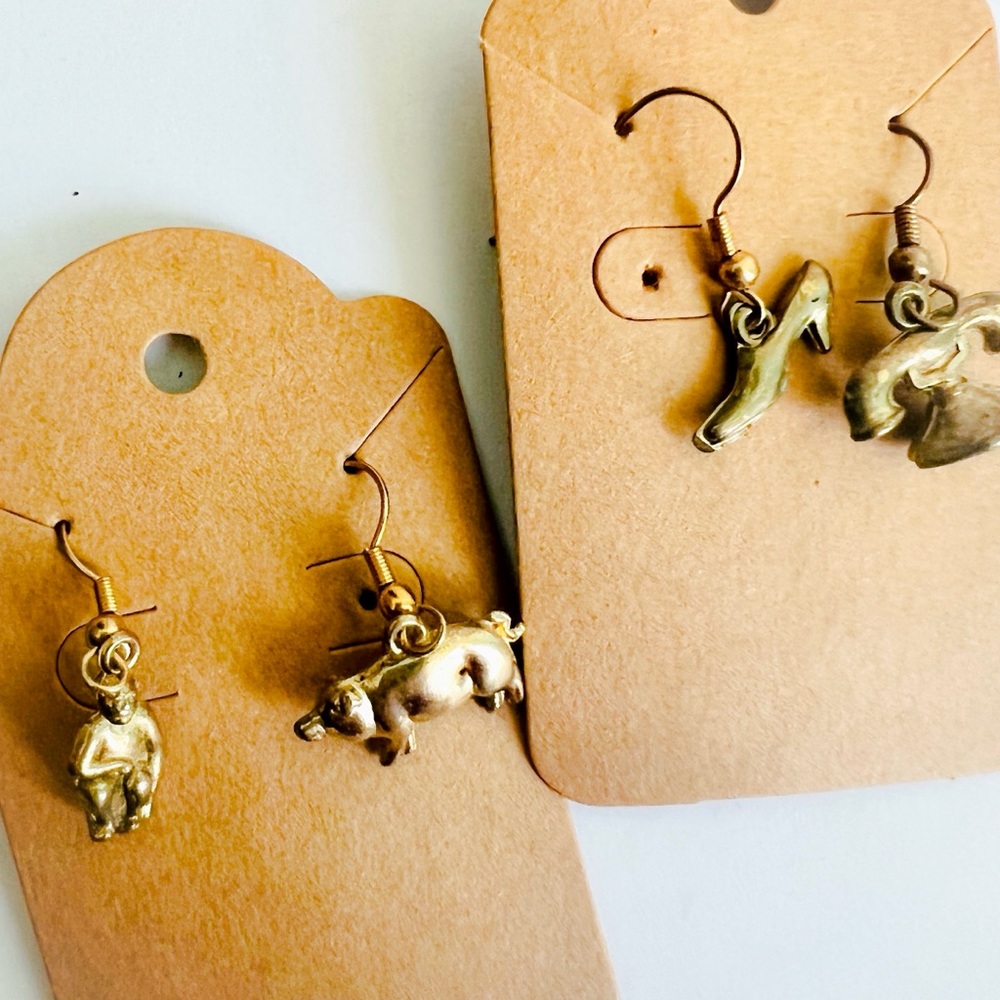 Vintage earrings 1970’s charm earrings 2 pairs Shoe Telephone Monkey Fun charms